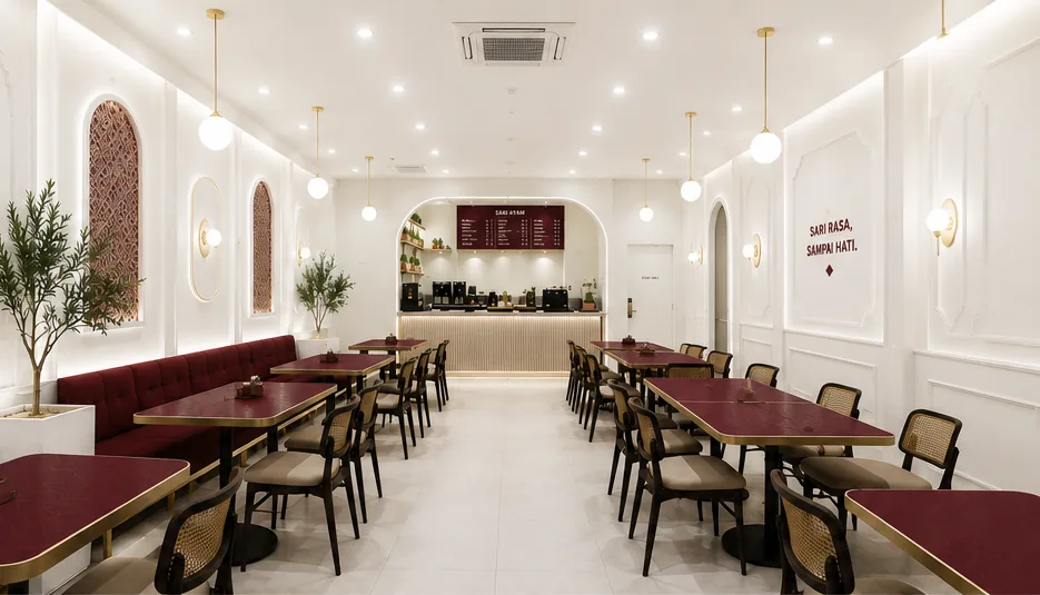 Ruang makan Sari Ayam dengan sofa maroon dan kerusi rotan