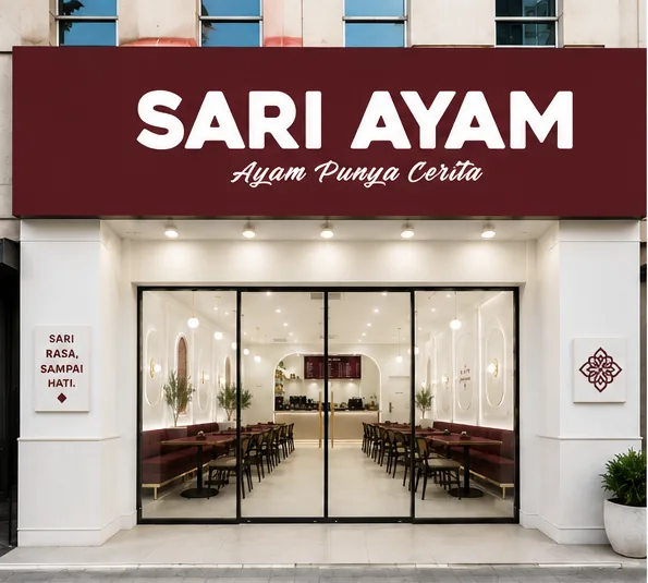 Depan kedai Sari Ayam dengan papan tanda maroon
