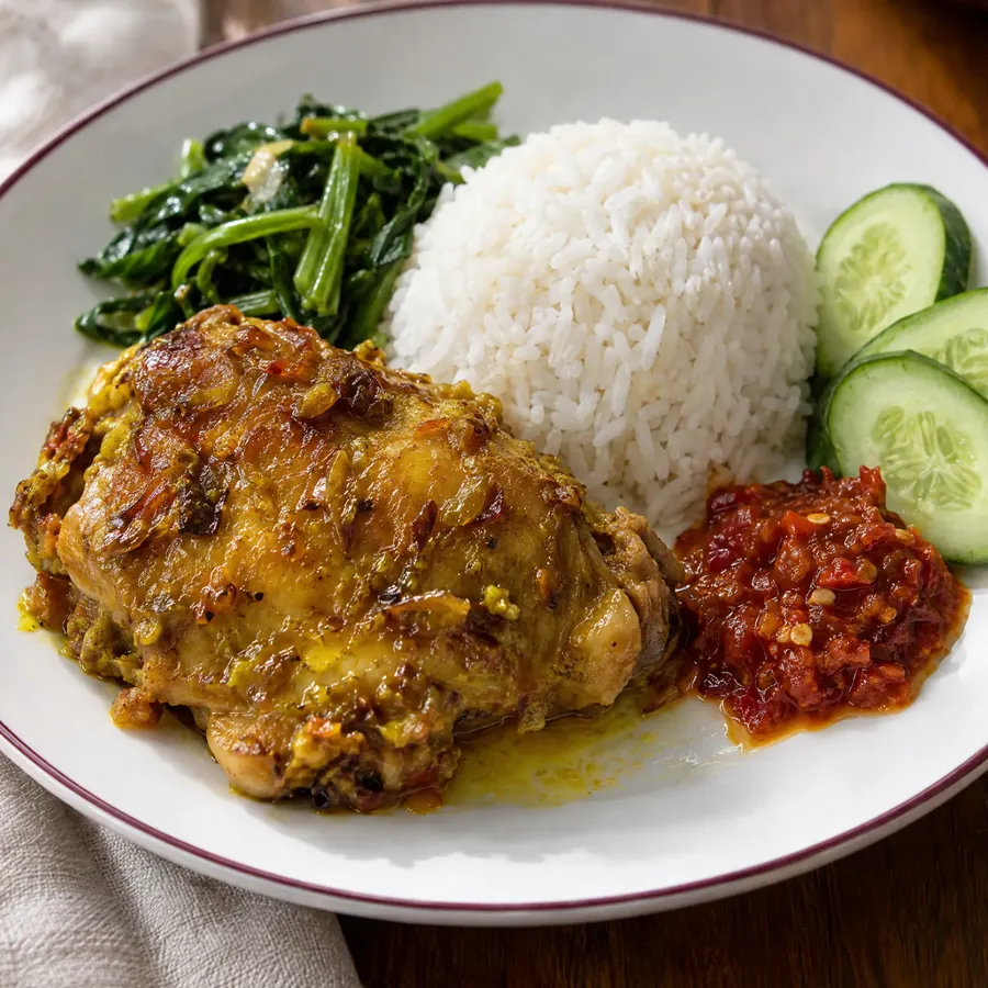 Ayam Goreng Basah dengan nasi, kangkung, sambal dan timun, dilihat dari atas