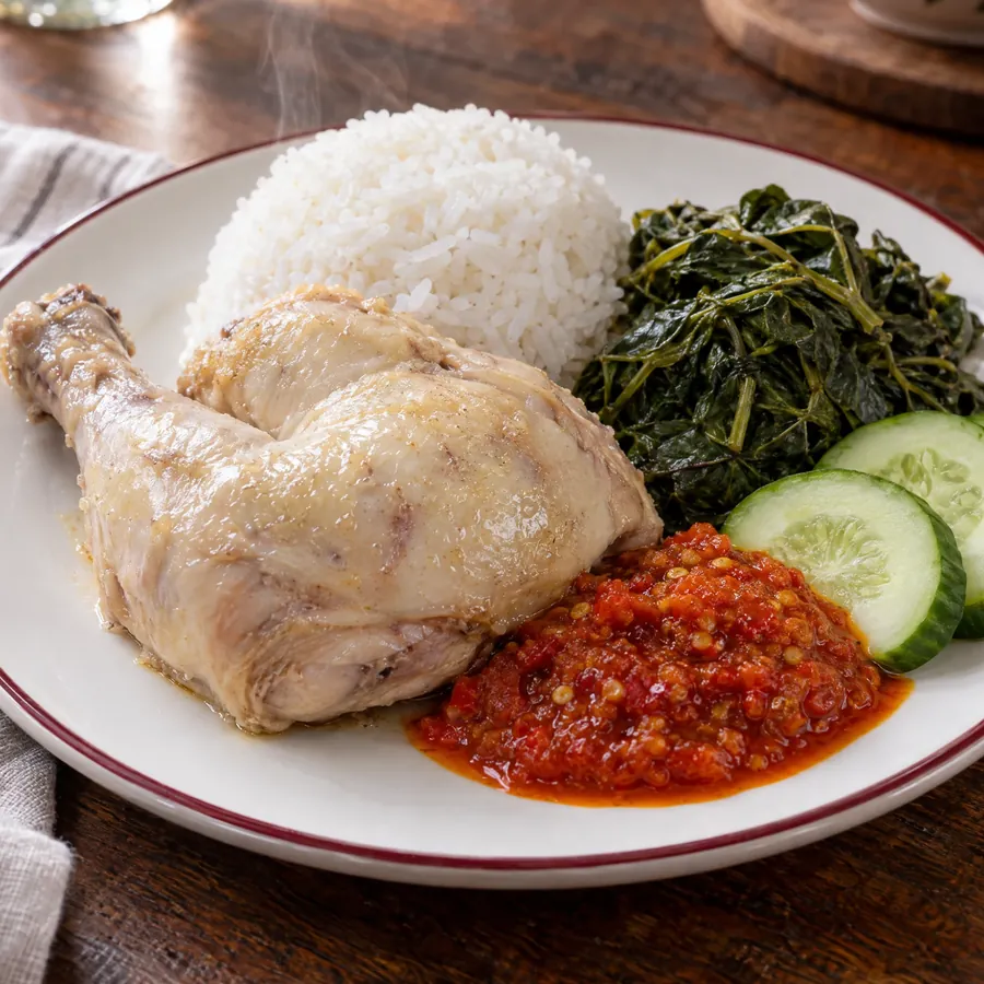 Ayam Pop dengan nasi, sayur, sambal merah dan timun, dilihat dari atas