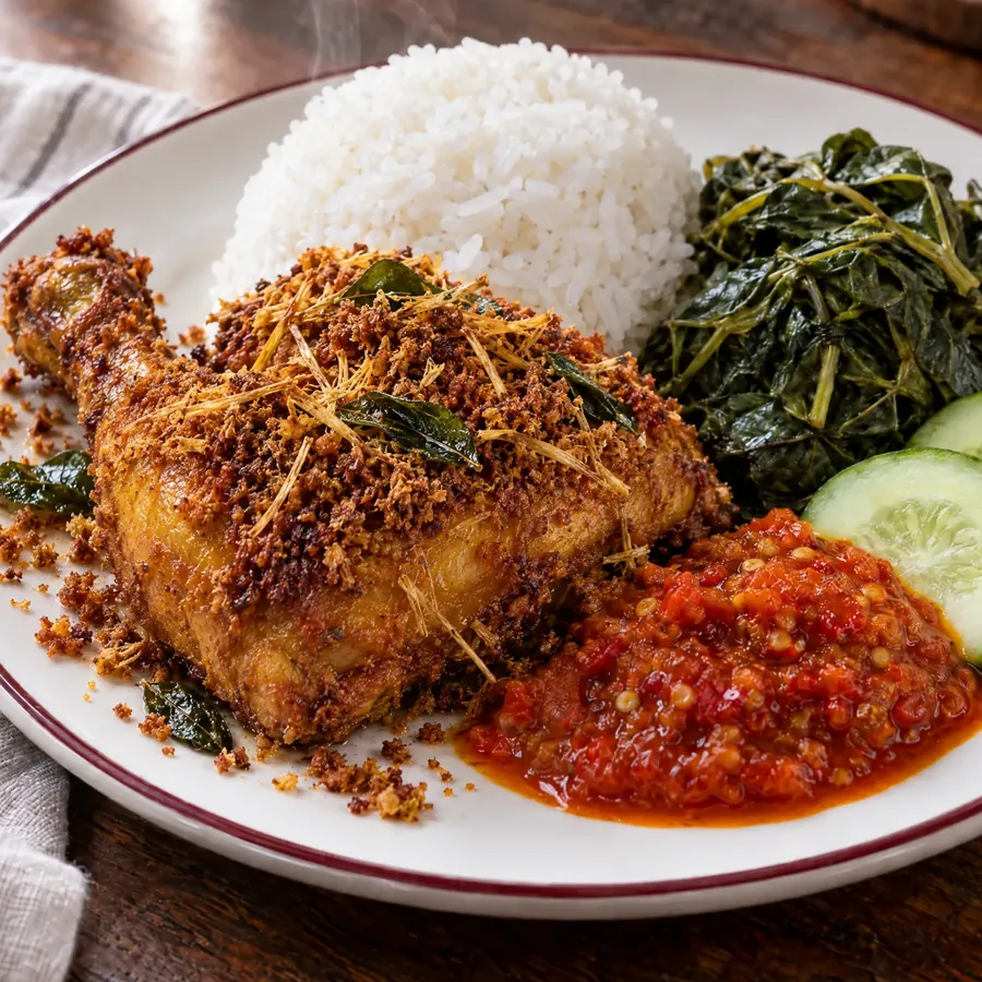 Ayam Goreng Sari dengan nasi, sayur, sambal dan timun, dilihat dari atas